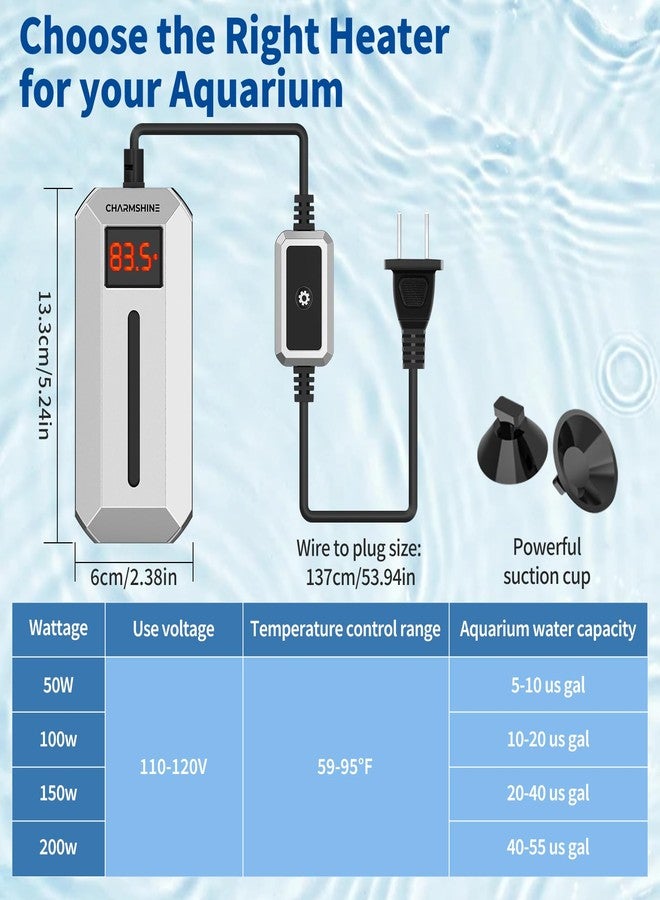 سخان مياه حوض السمك تشارم شاين 200 واط، سخان مياه غاطس لأحواض الأسماك مع شاشة عرض رقمية LED، مناسب لأحواض أسماك المياه العذبة والمالحة سعة 40-55 جالون، وأحواض السلاحف. - Image 2